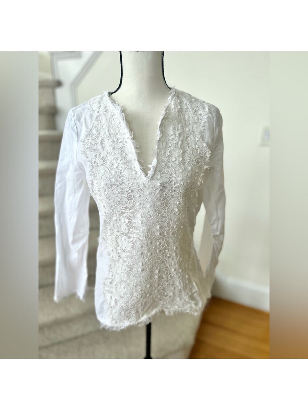 Central Park West Two Tone White Linen & Lace Blouse